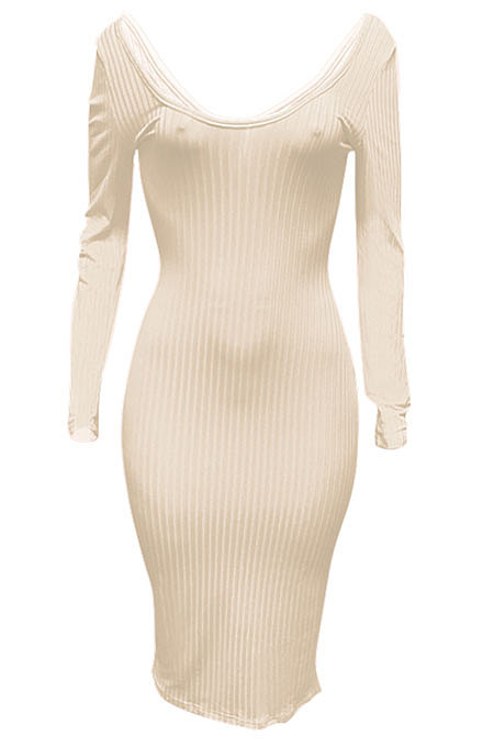 Beige Euramerican Women Autumn Winter V Collar Off Shoulder Solid Color Ribber Bodycon Sexy Long Dress Q951-2