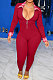 Red Simple Newest Spliced Long Sleeve Zip Front  Collect Waist Bodycon Jumpsuits TK6199-6