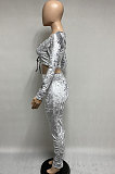 Gray Women Korea Velvet Ruffle Drawsting Sexy V Collar Pure Color Crop Pants Sets XQ1147-2