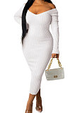 Beige Euramerican Women Autumn Winter V Collar Off Shoulder Solid Color Ribber Bodycon Sexy Long Dress Q951-2