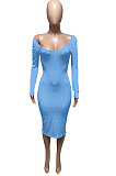 Beige Euramerican Women Autumn Winter V Collar Off Shoulder Solid Color Ribber Bodycon Sexy Long Dress Q951-2