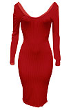 Red Euramerican Women Autumn Winter V Collar Off Shoulder Solid Color Ribber Bodycon Sexy Long Dress Q951-5