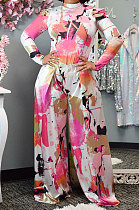 Pink Red Women Autumn Winter Long Sleeve T Shirts Wide Leg Pants Printing Pants Sets RMH8944-6