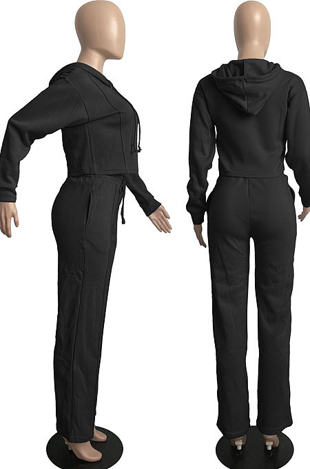 Gray Casual Sport Long Sleeve Hoodie Wide Leg Pants Solid Color Loose Sets FH173-1