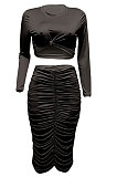 Green Euramerican Women Autumn Bodycon Tops Solid Color Ruffle Hip Sexy Skirts Sets Q960-5