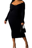 Beige Euramerican Women Autumn Winter V Collar Off Shoulder Solid Color Ribber Bodycon Sexy Long Dress Q951-2