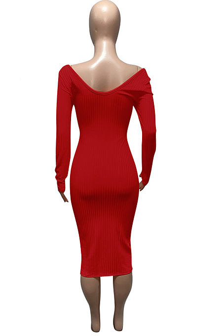 Light Blue Euramerican Women Autumn Winter V Collar Off Shoulder Solid Color Ribber Bodycon Sexy Long Dress Q951-6