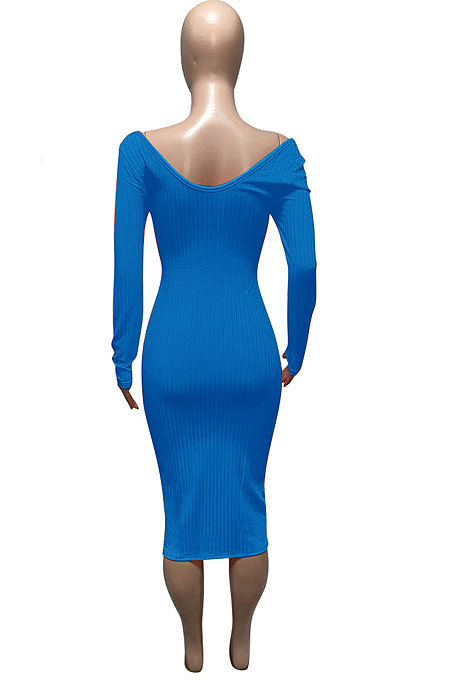 Light Blue Euramerican Women Autumn Winter V Collar Off Shoulder Solid Color Ribber Bodycon Sexy Long Dress Q951-6
