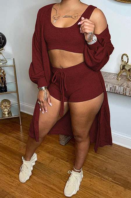 Wine Red Autumn Winter Ribber Long Sleeve Cardigan Coat+Tank Shorts Three Piece N9303-2
