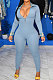 Light Blue Simple Newest Spliced Long Sleeve Zip Front  Collect Waist Bodycon Jumpsuits TK6199-7