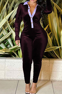 Purple Wholesale Women Spliced Long Sleeve Lapel Neck Collect Waist Bodycon Jumpsuits HG137-2