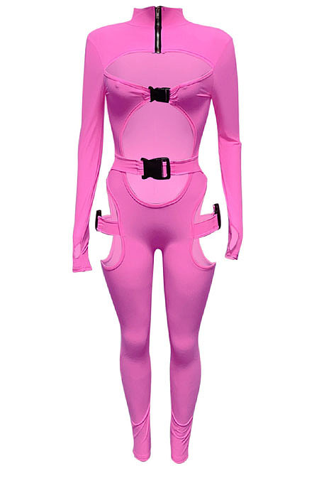Neon Green Women Sexy Club Wear Buckle Pure Color Zipper Bodycon Jumpsuits Q955-6