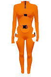 Black Women Sexy Club Wear Buckle Pure Color Zipper Bodycon Jumpsuits Q955-1