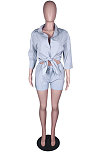 Blue  Modest Pure Color Long Sleeve Lapel Neck Single-Breasted Shirts Shorts Sets N9304-2