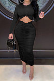 Black Euramerican Women Autumn Bodycon Tops Solid Color Ruffle Hip Sexy Skirts Sets Q960-3