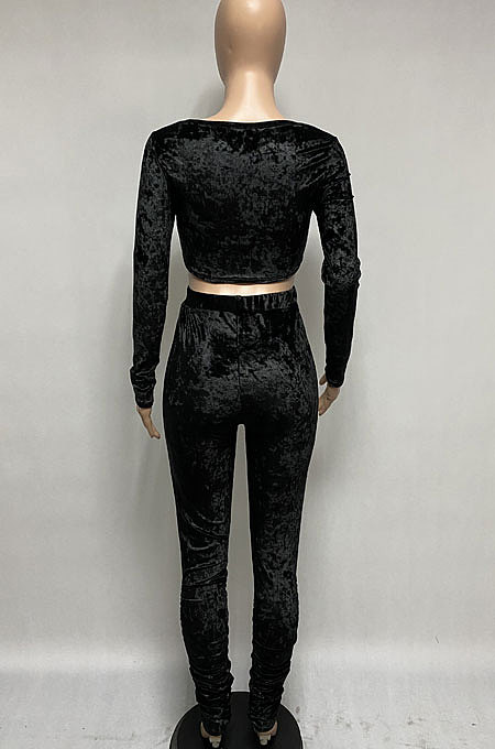 Light Blue Women Korea Velvet Ruffle Drawsting Sexy V Collar Pure Color Crop Pants Sets XQ1147-7