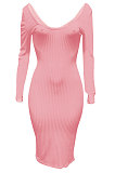 Light Blue Euramerican Women Autumn Winter V Collar Off Shoulder Solid Color Ribber Bodycon Sexy Long Dress Q951-6