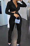 Blue Women Korea Velvet Ruffle Drawsting Sexy V Collar Pure Color Crop Pants Sets XQ1147-4