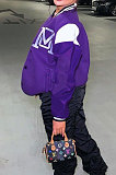 Black Casual Webbing Spliced Letter Print Long Sleeve Cardigan Baseball Jacket HG138-4