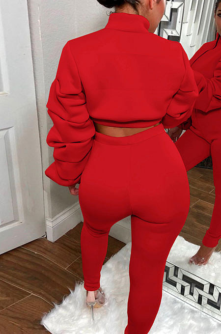 Red Autumn Winter Newest Ruffle Sleeve Zip Front Crop Tops Pencil Pants Sport Sets MD445-3