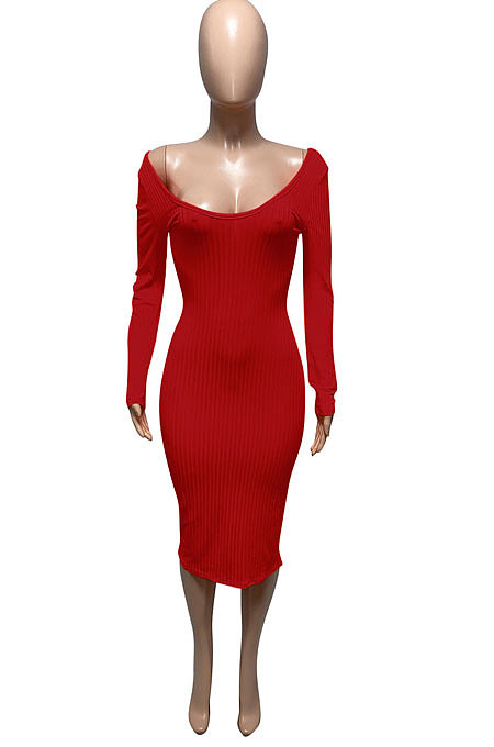 Coffee Euramerican Women Autumn Winter V Collar Off Shoulder Solid Color Ribber Bodycon Sexy Long Dress Q951-9