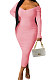Pink Euramerican Women Autumn Winter V Collar Off Shoulder Solid Color Ribber Bodycon Sexy Long Dress Q951-3