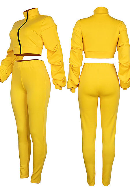 Red Autumn Winter Newest Ruffle Sleeve Zip Front Crop Tops Pencil Pants Sport Sets MD445-3