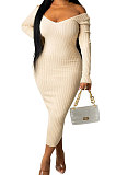 Red Euramerican Women Autumn Winter V Collar Off Shoulder Solid Color Ribber Bodycon Sexy Long Dress Q951-5