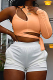 Black Personality Pure Color Single Sleeve Side Bandage Bodycon T-Shirts KY3098-1