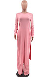 Pink Cottton Blend Round Neck Loose Slit Long T-Shirts Wide Leg Pants Solid Color Sets OH8090-1