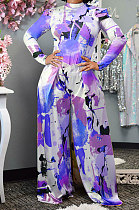 Blue Purple Women Autumn Winter Long Sleeve T Shirts Wide Leg Pants Printing Pants Sets RMH8944-7