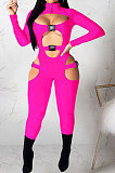 Orange Women Sexy Club Wear Buckle Pure Color Zipper Bodycon Jumpsuits Q955-4
