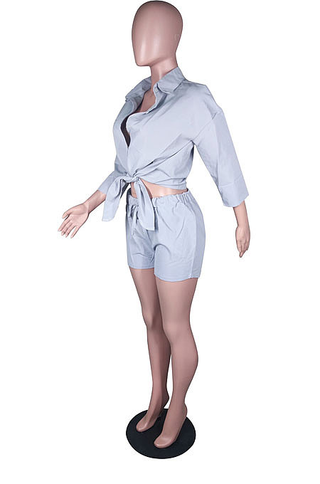 Blue  Modest Pure Color Long Sleeve Lapel Neck Single-Breasted Shirts Shorts Sets N9304-2