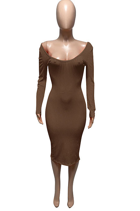 Beige Euramerican Women Autumn Winter V Collar Off Shoulder Solid Color Ribber Bodycon Sexy Long Dress Q951-2