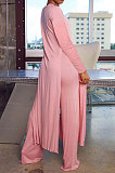 Blue Cottton Blend Round Neck Loose Slit Long T-Shirts Wide Leg Pants Solid Color Sets OH8090-3