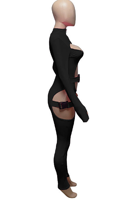 Black Women Sexy Club Wear Buckle Pure Color Zipper Bodycon Jumpsuits Q955-1