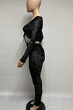 Gray Women Korea Velvet Ruffle Drawsting Sexy V Collar Pure Color Crop Pants Sets XQ1147-2
