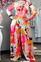 Red Women Autumn Winter Long Sleeve T Shirts Wide Leg Pants Printing Pants Sets RMH8944-3