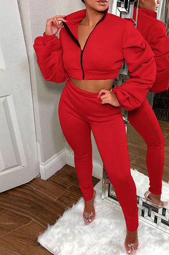 Red Autumn Winter Newest Ruffle Sleeve Zip Front Crop Tops Pencil Pants Sport Sets MD445-3