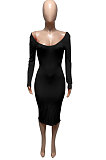 Red Euramerican Women Autumn Winter V Collar Off Shoulder Solid Color Ribber Bodycon Sexy Long Dress Q951-5