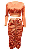 Green Euramerican Women Autumn Bodycon Tops Solid Color Ruffle Hip Sexy Skirts Sets Q960-5