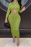 Red Euramerican Women Autumn Bodycon Tops Solid Color Ruffle Hip Sexy Skirts Sets Q960-2
