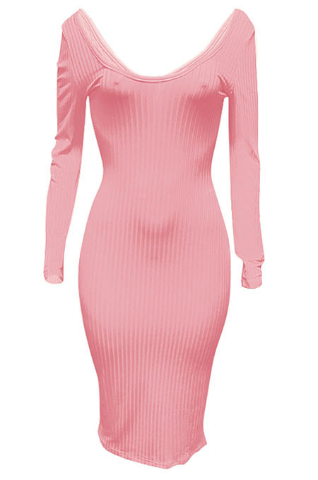 Blue Euramerican Women Autumn Winter V Collar Off Shoulder Solid Color Ribber Bodycon Sexy Long Dress Q951-8
