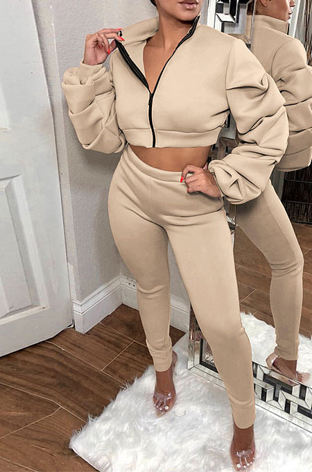 Red Autumn Winter Newest Ruffle Sleeve Zip Front Crop Tops Pencil Pants Sport Sets MD445-3
