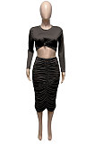 Green Euramerican Women Autumn Bodycon Tops Solid Color Ruffle Hip Sexy Skirts Sets Q960-5