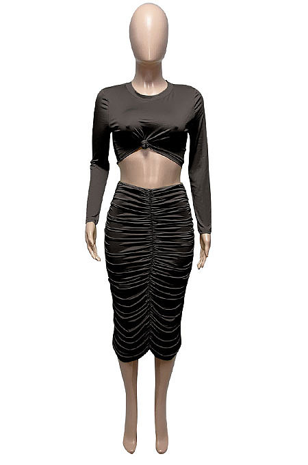 Green Euramerican Women Autumn Bodycon Tops Solid Color Ruffle Hip Sexy Skirts Sets Q960-5