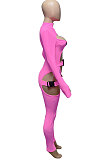 Lemon Yellow Women Sexy Club Wear Buckle Pure Color Zipper Bodycon Jumpsuits Q955-7