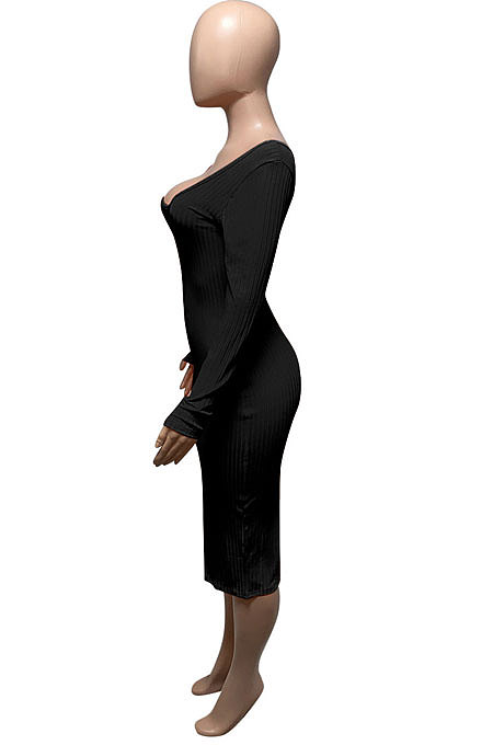 Light Blue Euramerican Women Autumn Winter V Collar Off Shoulder Solid Color Ribber Bodycon Sexy Long Dress Q951-6