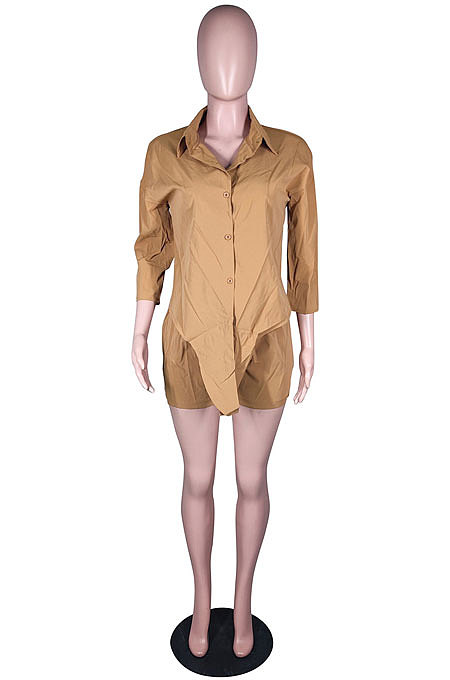 Blue  Modest Pure Color Long Sleeve Lapel Neck Single-Breasted Shirts Shorts Sets N9304-2