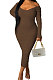 Coffee Euramerican Women Autumn Winter V Collar Off Shoulder Solid Color Ribber Bodycon Sexy Long Dress Q951-9